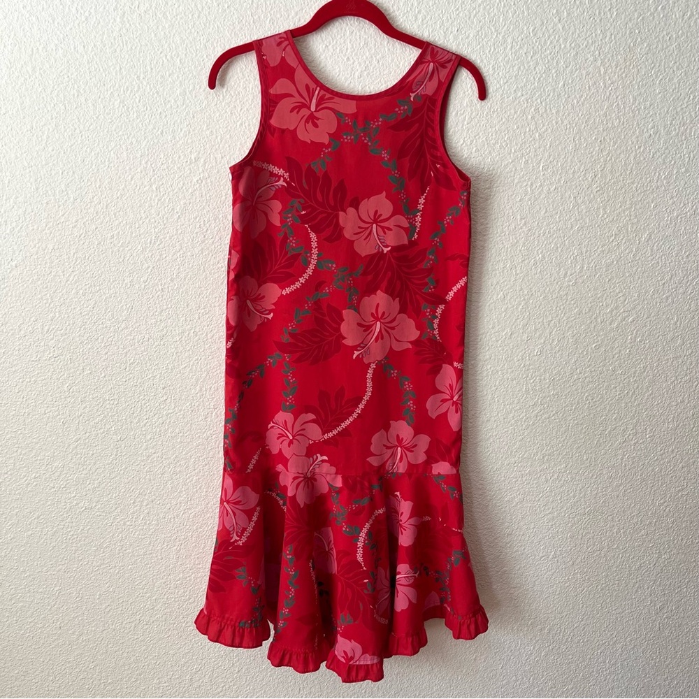 Vintage One Papaya Hawaiian Sleeveless Dress Girls Floral Leaf Muumuu Ruffle